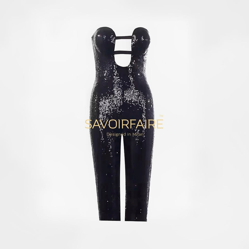 Schwarzer, schmaler, figurbetonter Playsuit mit Pailletten 